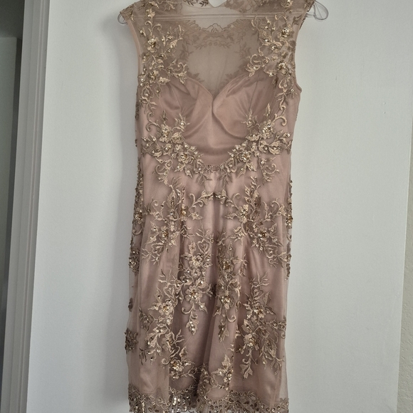 Elegant Embroidered Mini Dress in Gold and Cream - Picture 1 of 1
